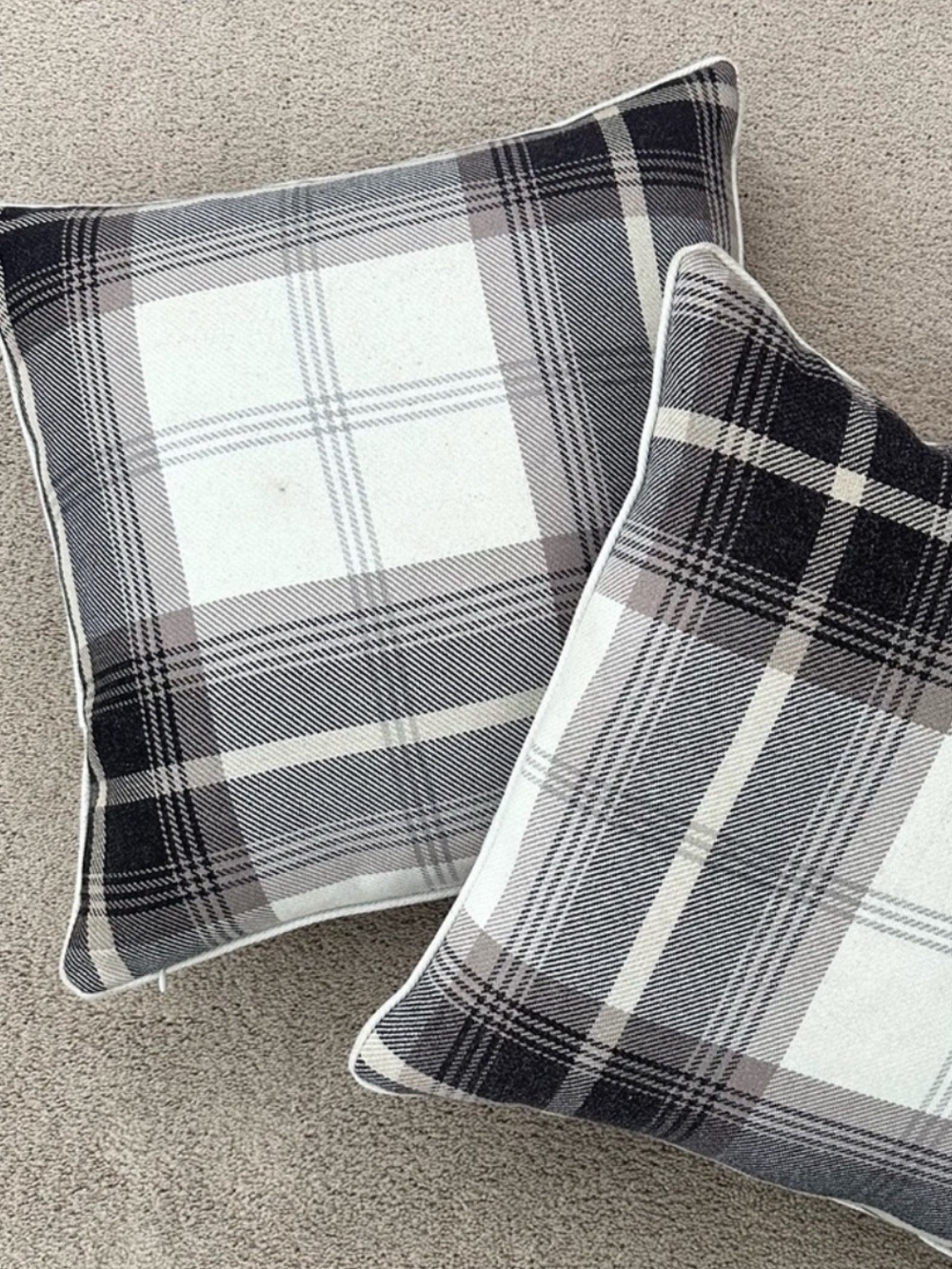 Fall Throw Pillows Set of 2 Plaid Black White & Tan with Down Feather Inserts